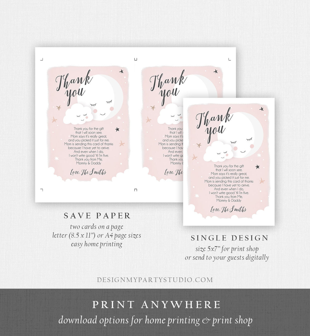 Editable Thank You Card Baby Shower Girl Loved to the Moon and Back Stars Thank You Pink Girl Sprinkle Template Instant Download Corjl 0113