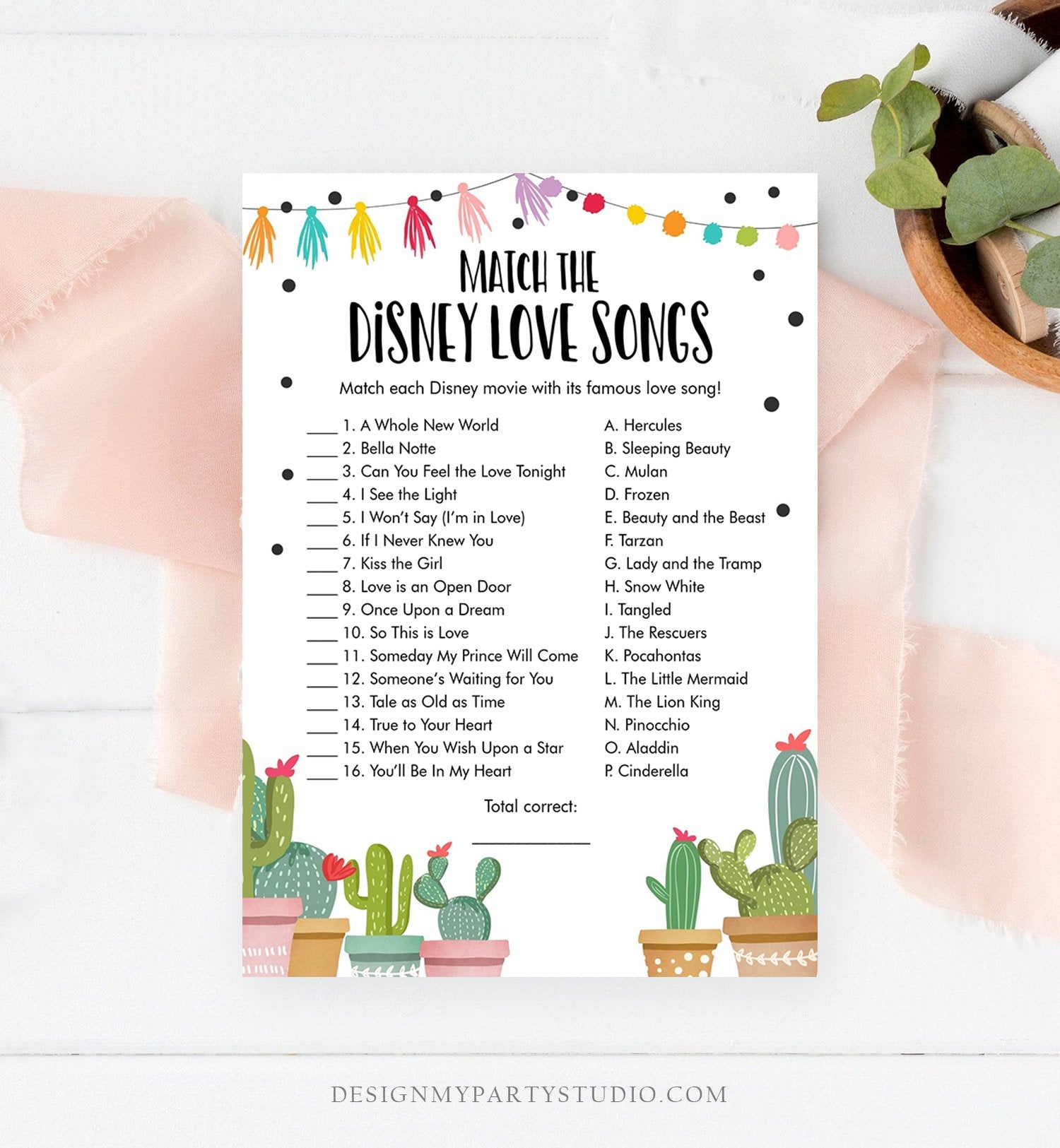 Editable Disney Love Songs Bridal Shower Game Quotes Cactus Fiesta Mexican Coed Shower Games Wedding Activity Corjl Template Printable 0254
