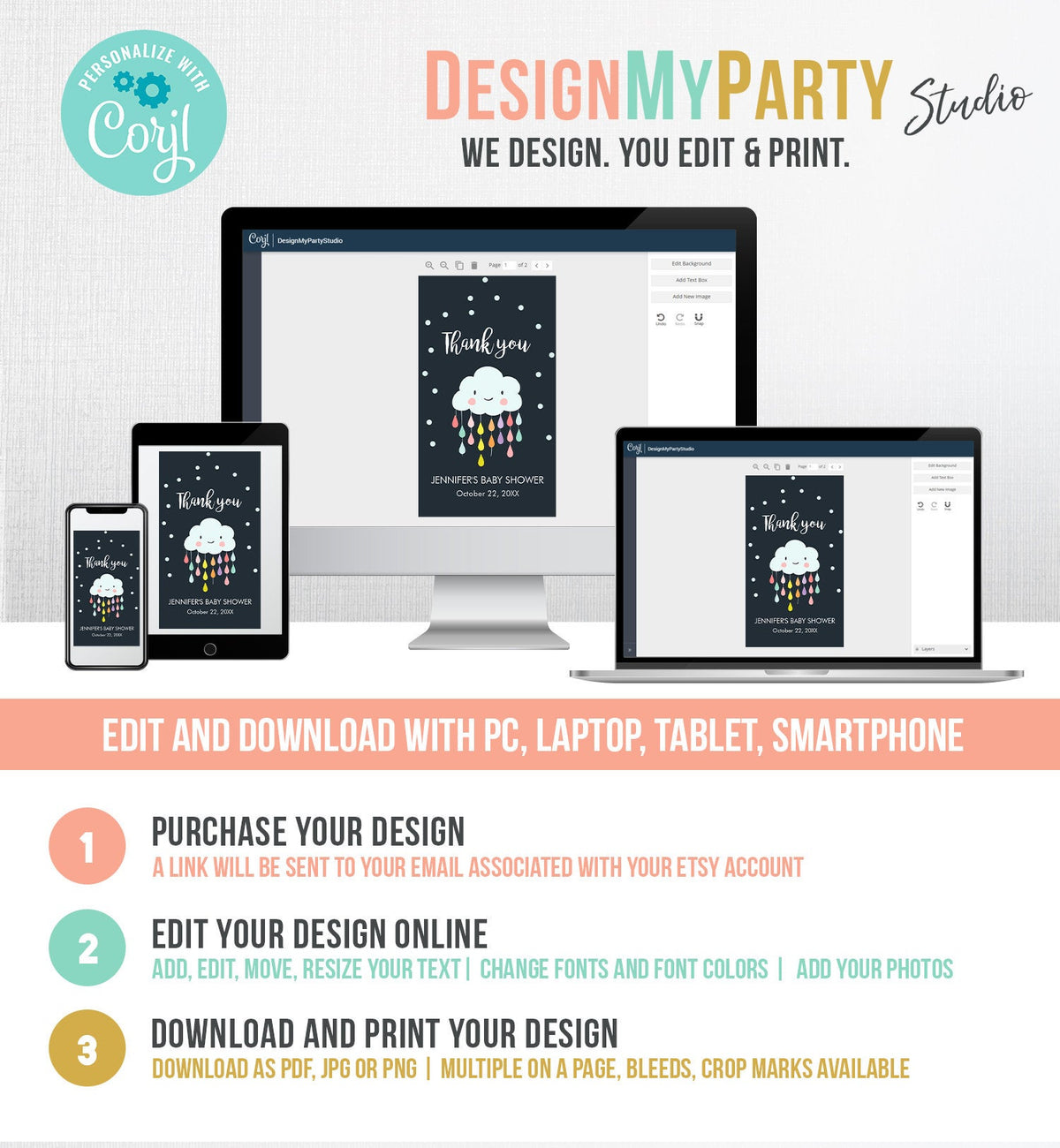 Editable Cloud Baby Shower Favor Tags Cloud Labels Cloud Thank you Tags Gift Tag Raindrops Navy Birthday Sprinkle Tags Template Corjl 0036