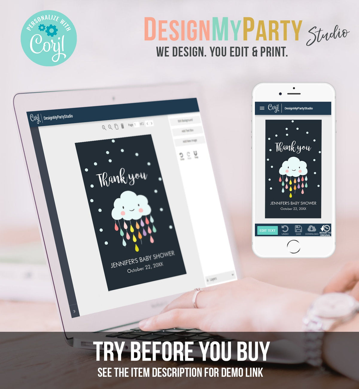 Editable Cloud Baby Shower Favor Tags Cloud Labels Cloud Thank you Tags Gift Tag Raindrops Navy Birthday Sprinkle Tags Template Corjl 0036