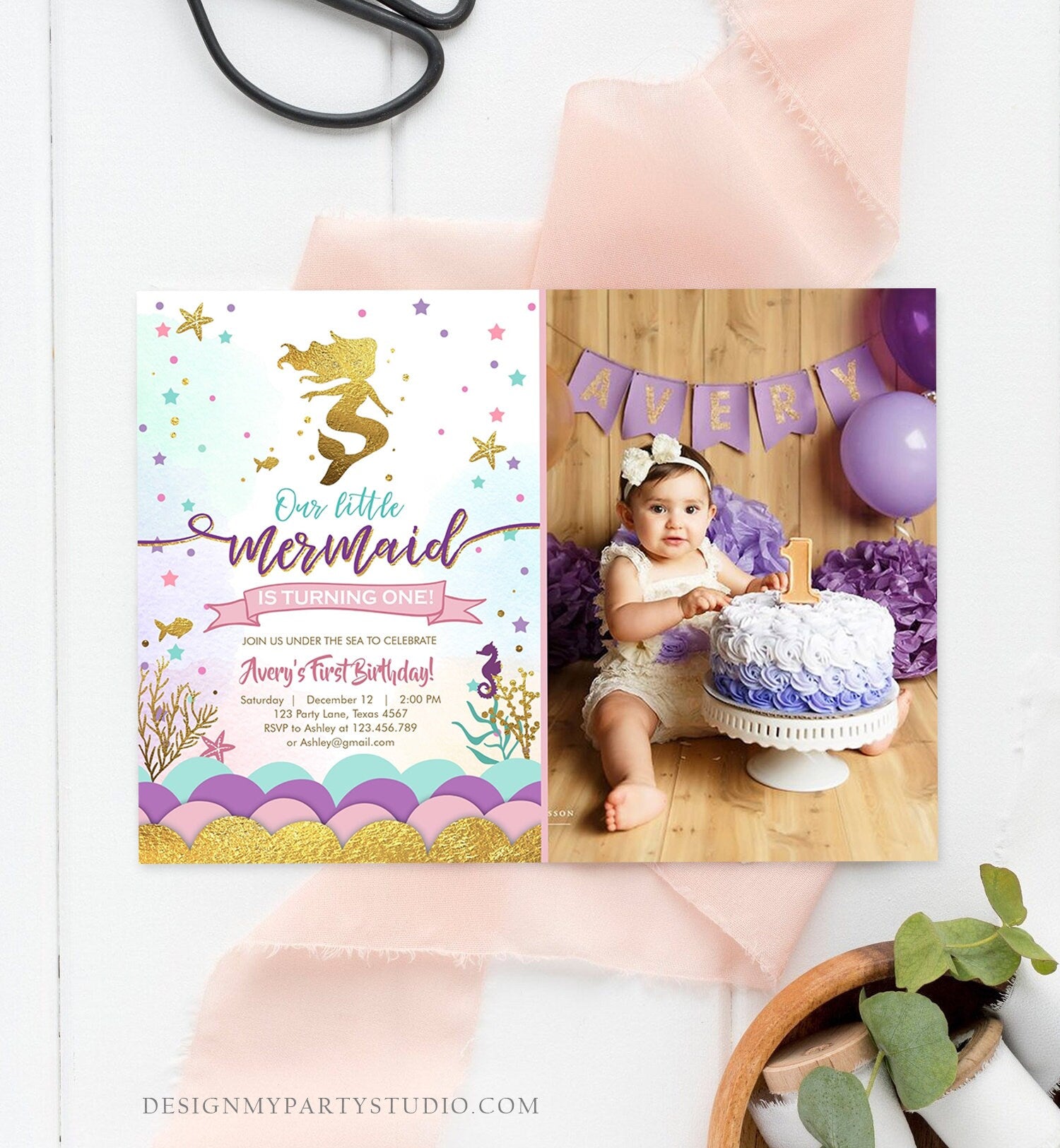 Editable Our Little Mermaid Birthday Invitation Under The Sea Girl Pink Purple Gold First Birthday 1st Corjl Template Printable 0076
