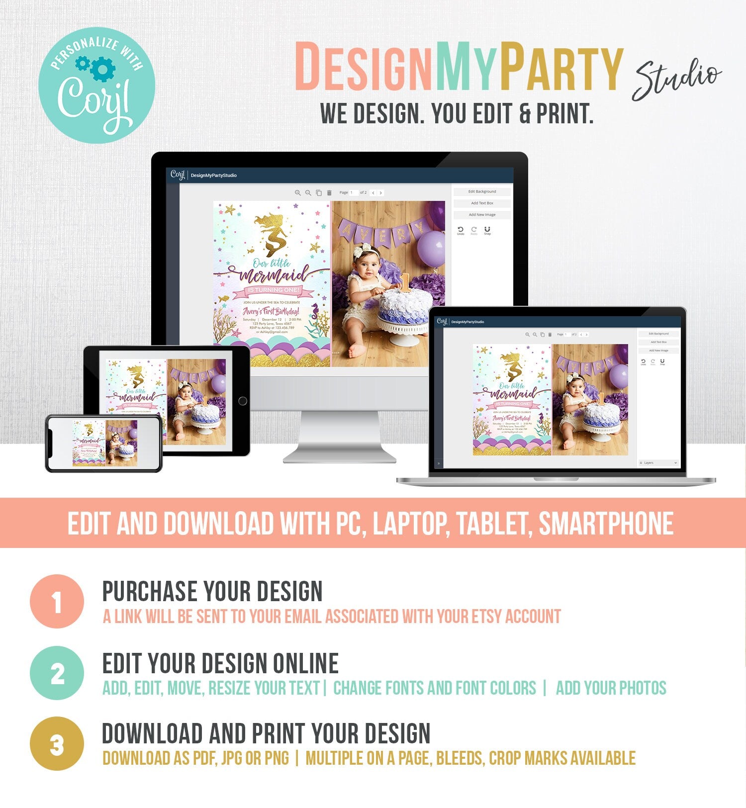 Editable Our Little Mermaid Birthday Invitation Under The Sea Girl Pink Purple Gold First Birthday 1st Corjl Template Printable 0076