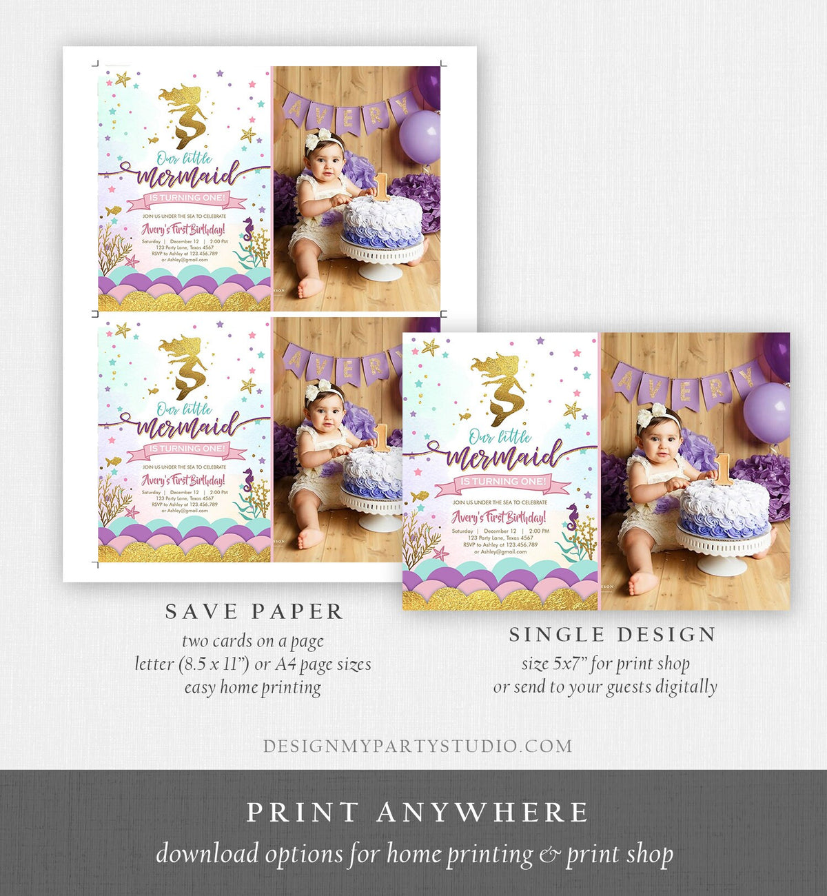 Editable Our Little Mermaid Birthday Invitation Under The Sea Girl Pink Purple Gold First Birthday 1st Corjl Template Printable 0076