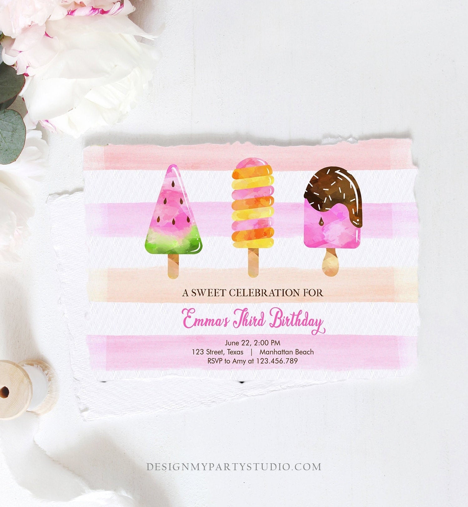 Editable Popsicle Birthday Invitation Pink Girl Birthday Summer Pool Party Popsicle Party Swim Download Printable Template Corjl 0143