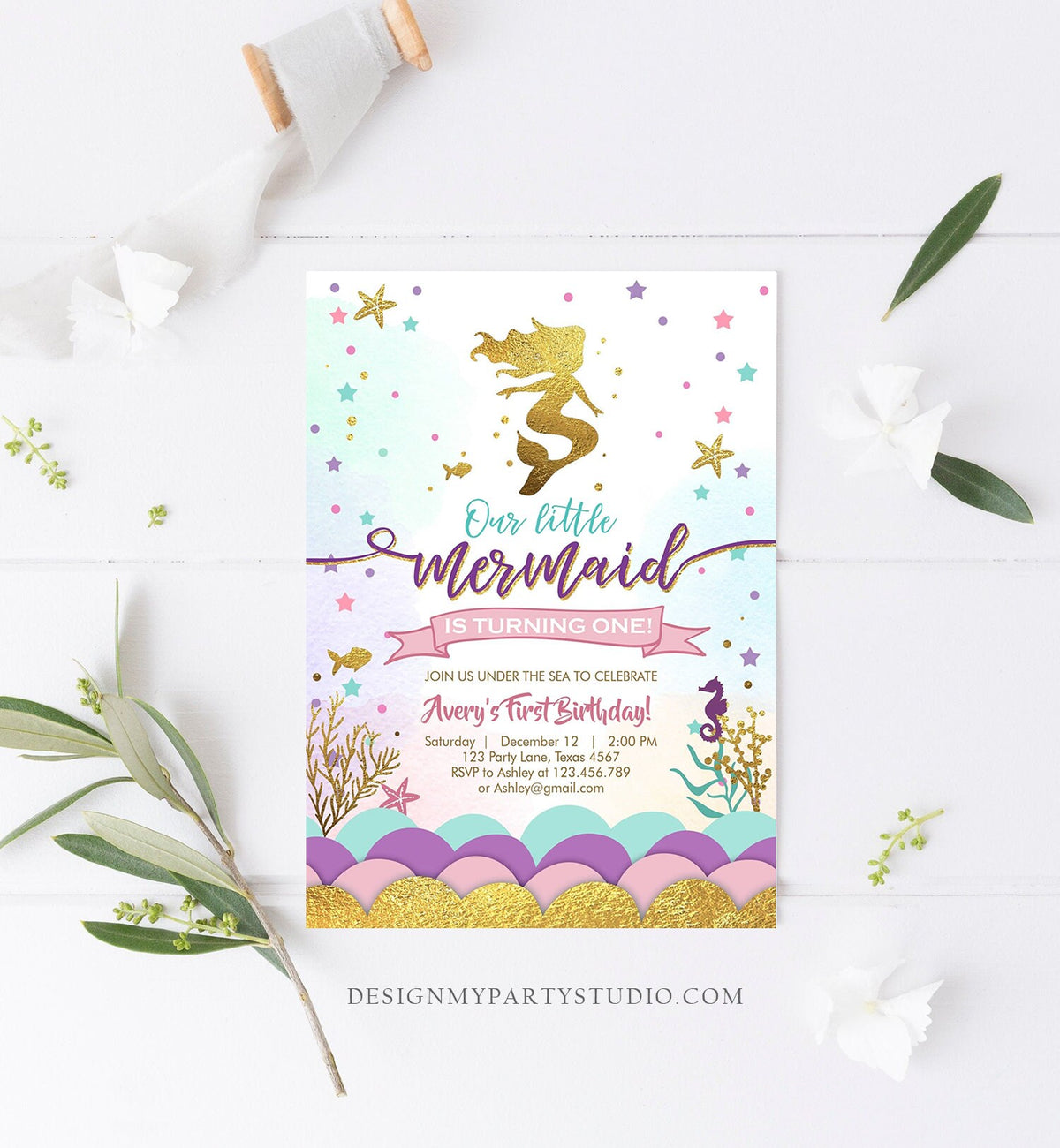 Editable Our Little Mermaid Birthday Invitation Under The Sea Girl Pink Purple Gold First Birthday 1st Corjl Template Printable 0076