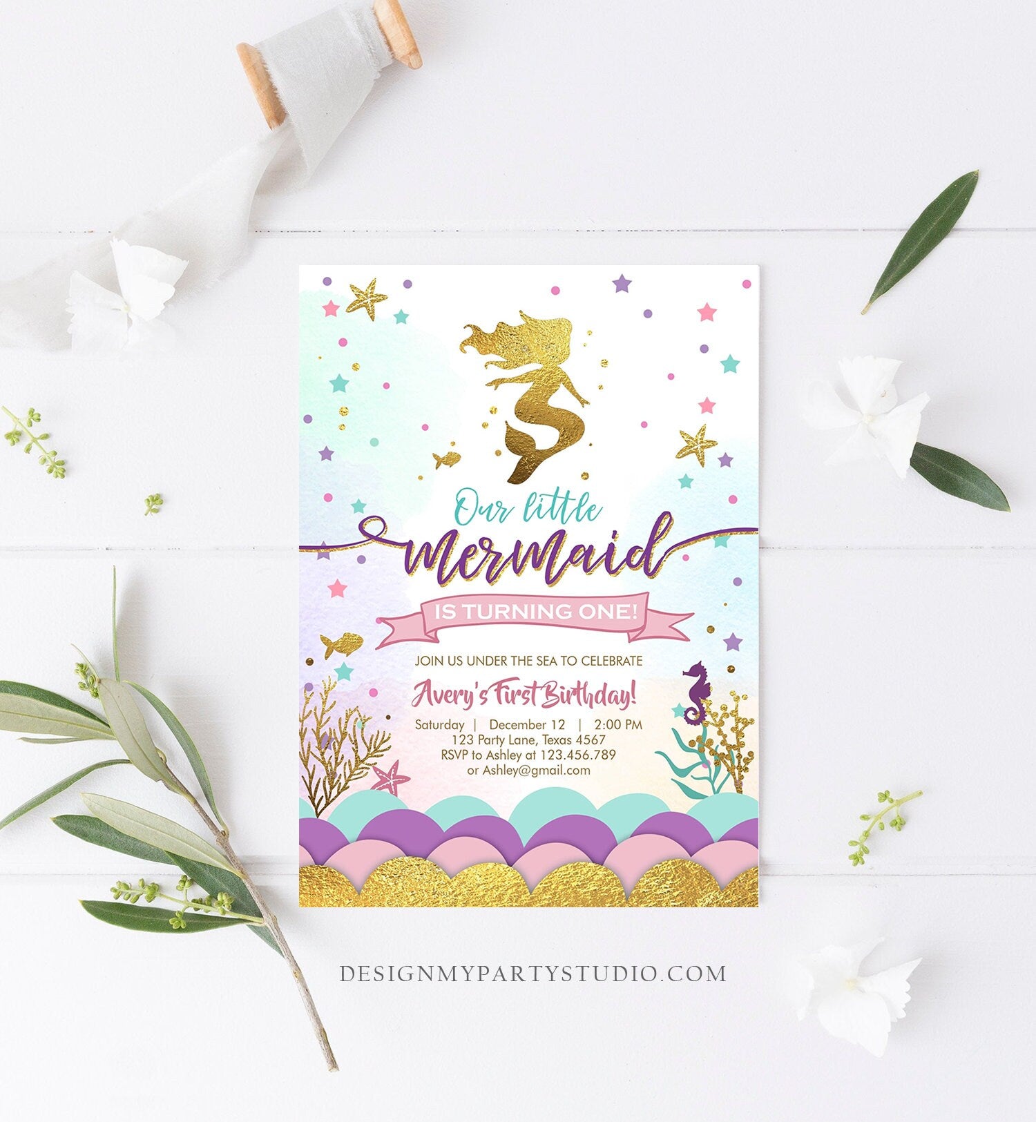 Editable Our Little Mermaid Birthday Invitation Under The Sea Girl Pink Purple Gold First Birthday 1st Corjl Template Printable 0076