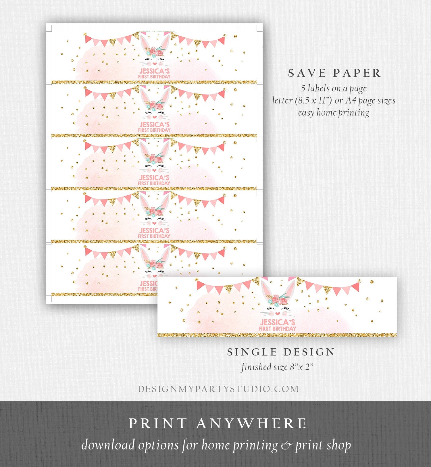 Editable Bunny Water Bottle Labels Little Bunny Birthday Girl Pink Gold Bunny Face Floral Spring Decor Easter Printable Template Corjl 0238
