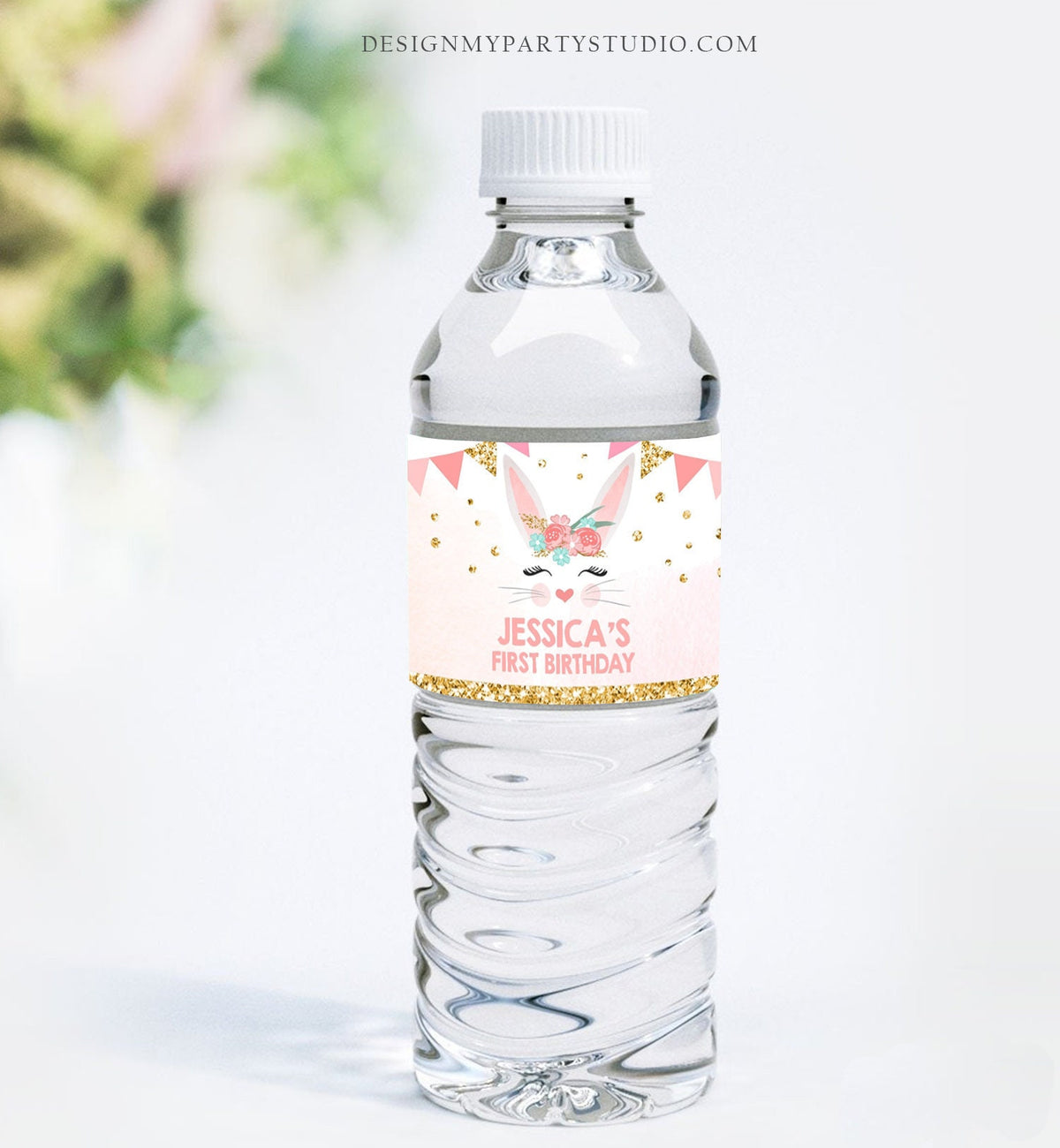 Editable Bunny Water Bottle Labels Little Bunny Birthday Girl Pink Gold Bunny Face Floral Spring Decor Easter Printable Template Corjl 0238