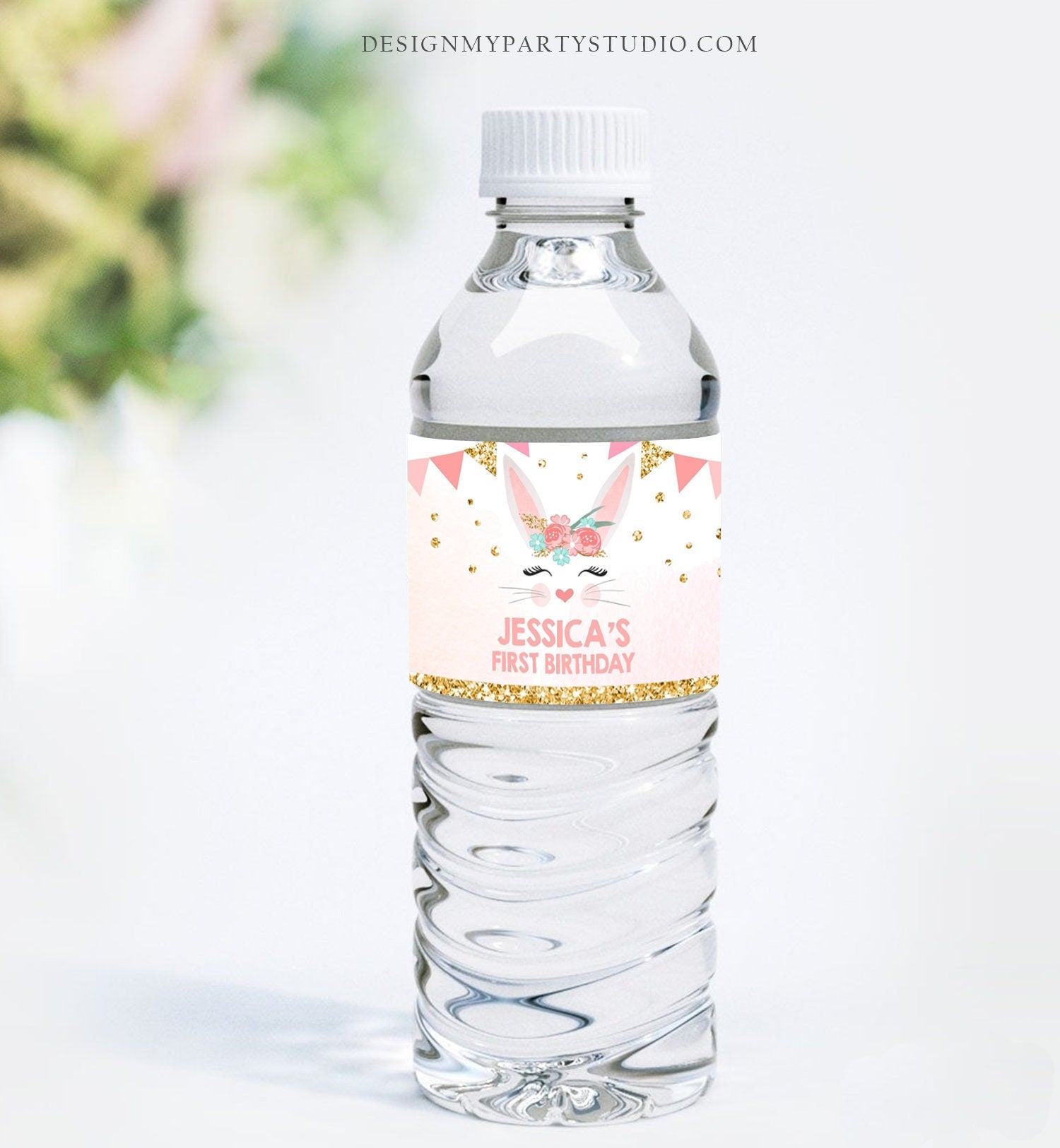 Editable Bunny Water Bottle Labels Little Bunny Birthday Girl Pink Gold Bunny Face Floral Spring Decor Easter Printable Template Corjl 0238