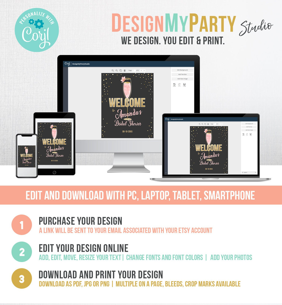 Editable Brunch and Bubbly Welcome Sign Bridal Shower Floral Champagne Gold Pink Wedding Shower Welcome Sign Digital Corjl Template 0150