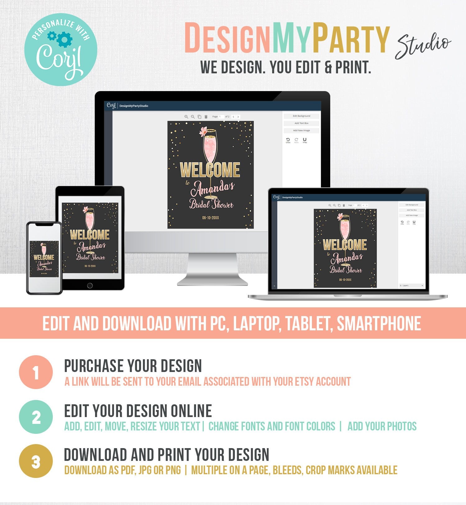 Editable Brunch and Bubbly Welcome Sign Bridal Shower Floral Champagne Gold Pink Wedding Shower Welcome Sign Digital Corjl Template 0150