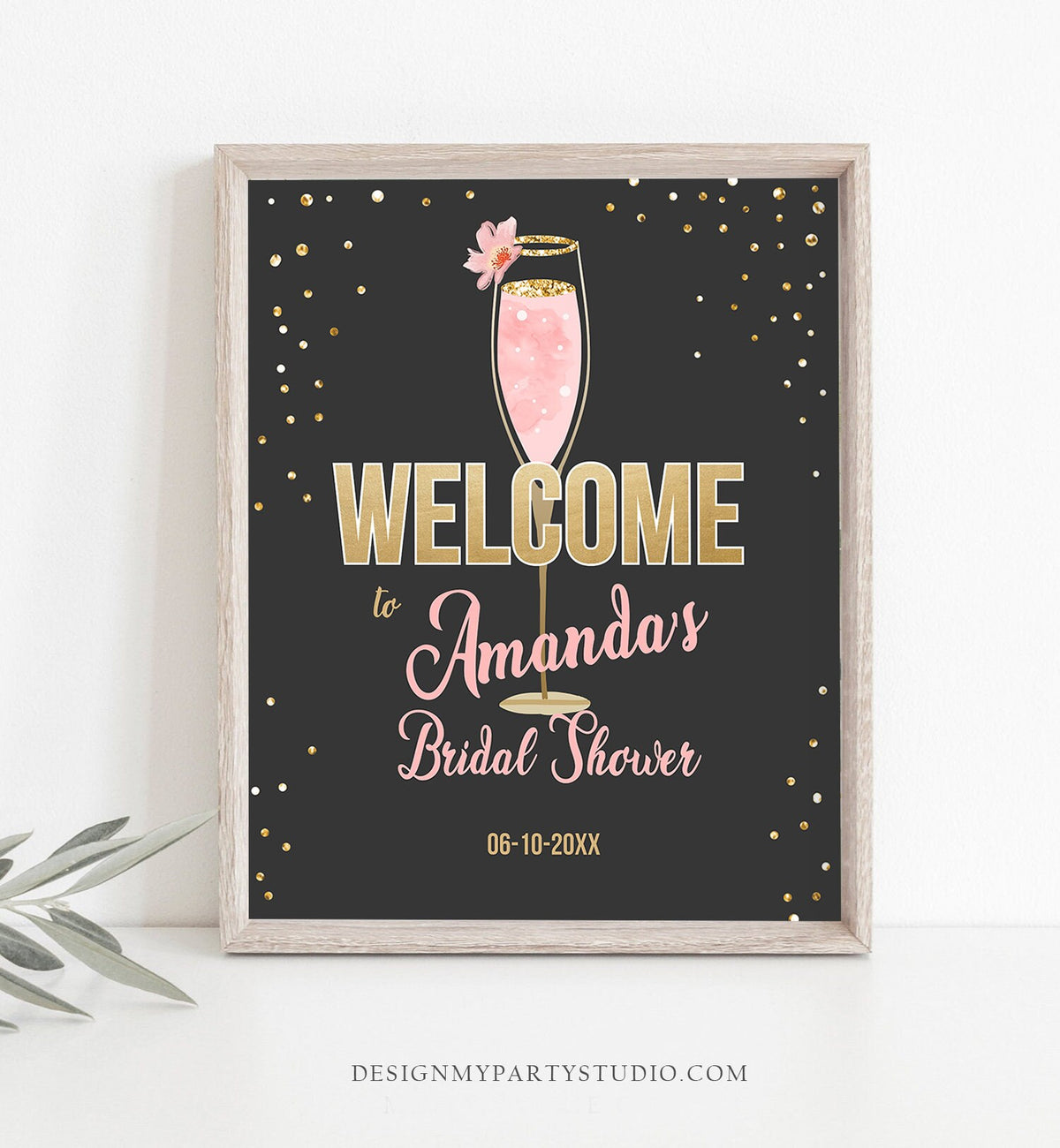 Editable Brunch and Bubbly Welcome Sign Bridal Shower Floral Champagne Gold Pink Wedding Shower Welcome Sign Digital Corjl Template 0150