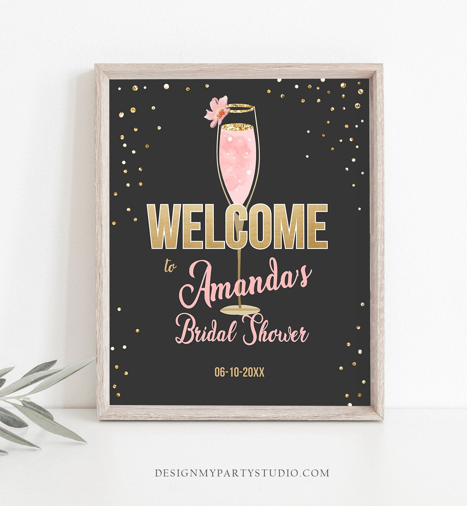 Editable Brunch and Bubbly Welcome Sign Bridal Shower Floral Champagne Gold Pink Wedding Shower Welcome Sign Digital Corjl Template 0150