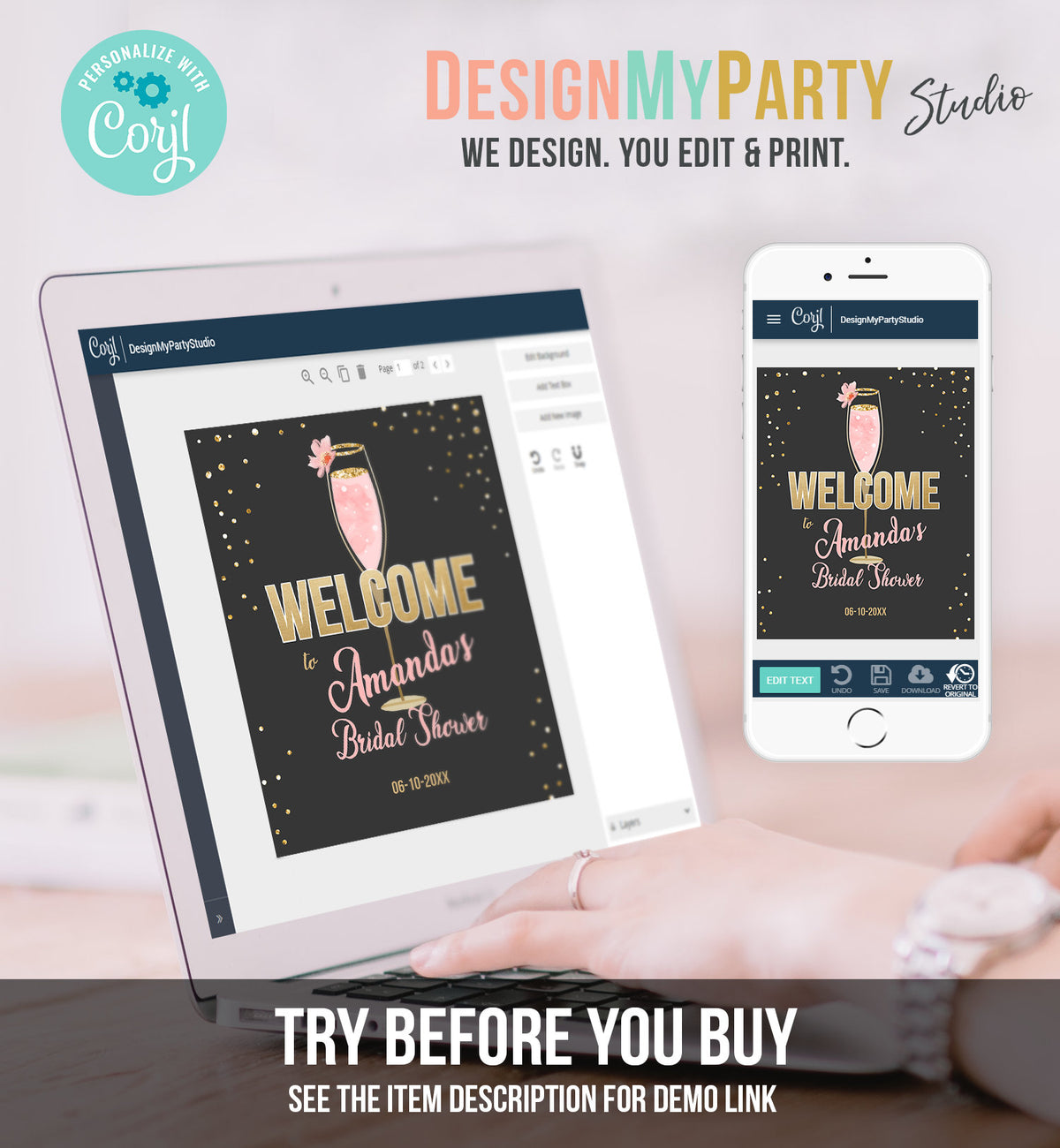 Editable Brunch and Bubbly Welcome Sign Bridal Shower Floral Champagne Gold Pink Wedding Shower Welcome Sign Digital Corjl Template 0150