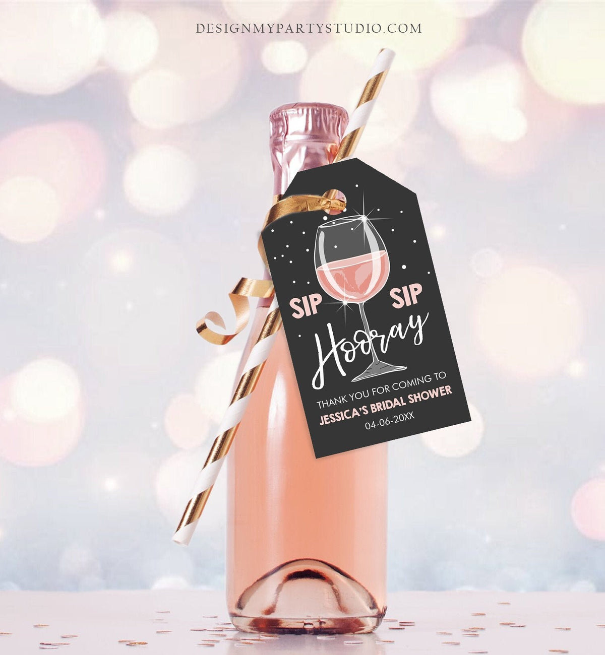 Editable Sip Sip Hooray Bridal shower thank you tags Wine Bottle Tags Chalk Pink Mini Champagne Wedding Digital PRINTABLE Corjl 0252