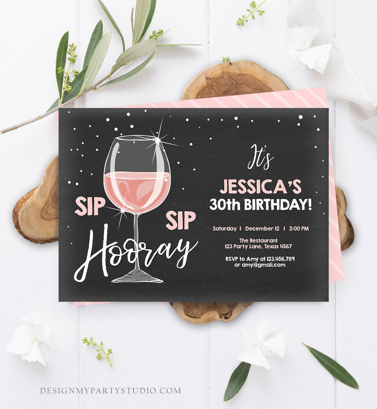 Editable Sip Sip Hooray Birthday Invitation Adult Surprise Party Rustic Chalk 30th Rose Wine Posh Chic Printable Corjl Template 0252