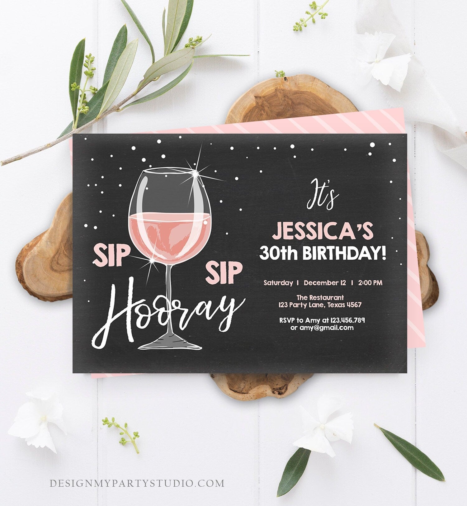 Editable Sip Sip Hooray Birthday Invitation Adult Surprise Party Rustic Chalk 30th Rose Wine Posh Chic Printable Corjl Template 0252
