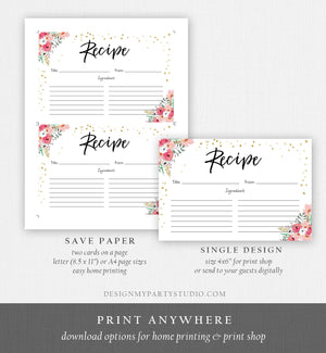 Editable Pink Floral Recipe Cards Travel Brunch and Bubbly Bridal Shower Miss to Mrs Gold Confetti Double Sided 4x6 Corjl Template 0030 0318