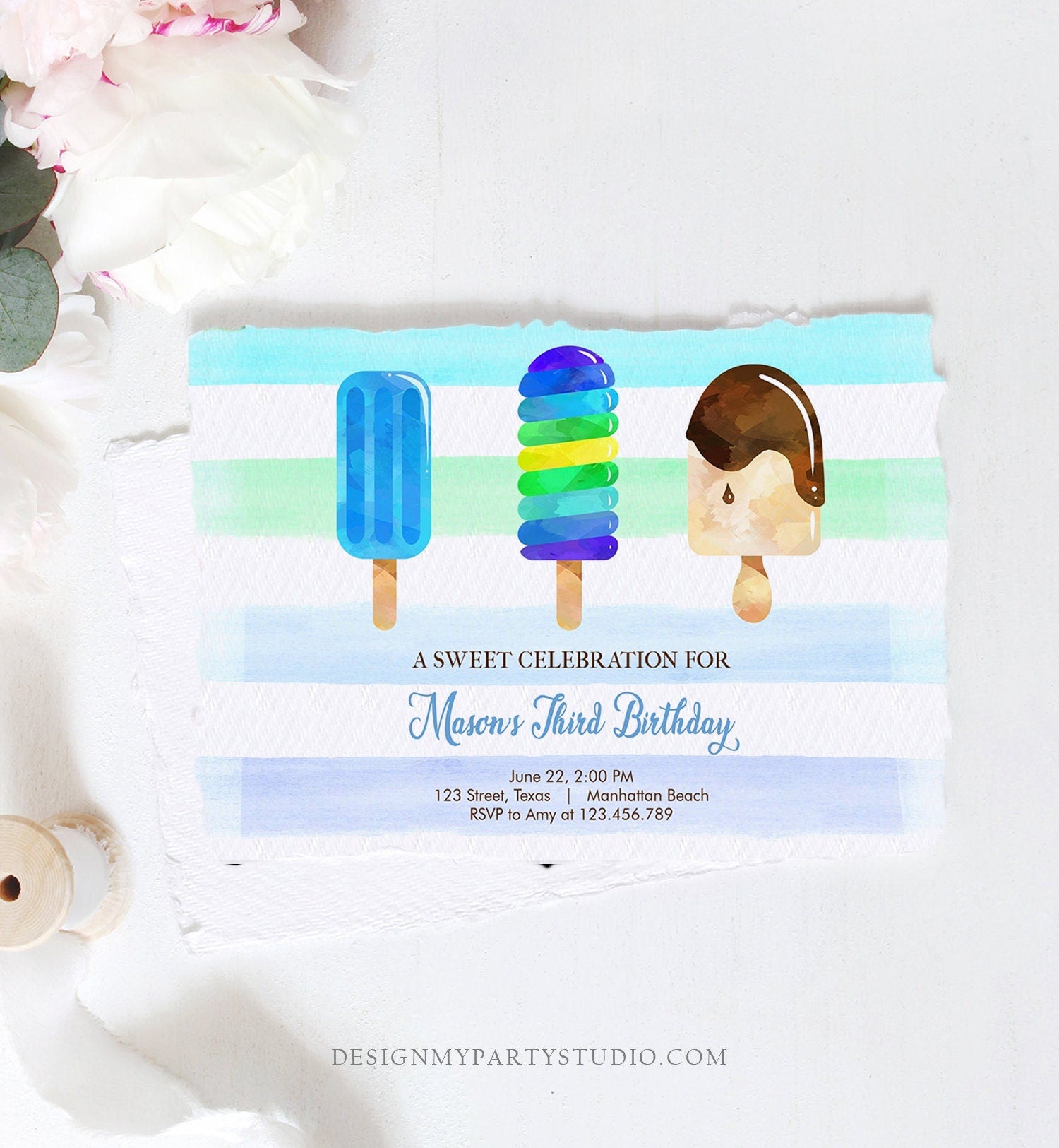 Editable Popsicle Birthday Invitation Boy Birthday Summer Pool Party Popsicle Party Swim Blue Green Download Printable Template Corjl 0143