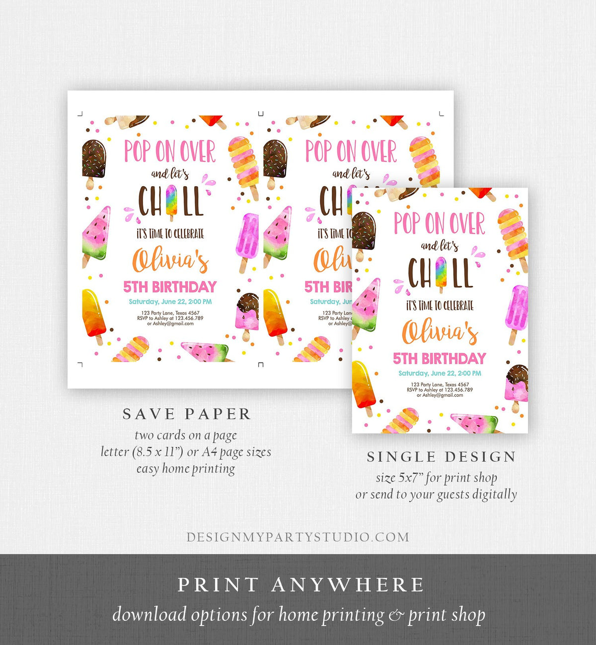 Editable Popsicle Birthday Invitation Pink Girl Birthday Summer Pool Party Popsicle Party Swim Download Printable Template Corjl 0143