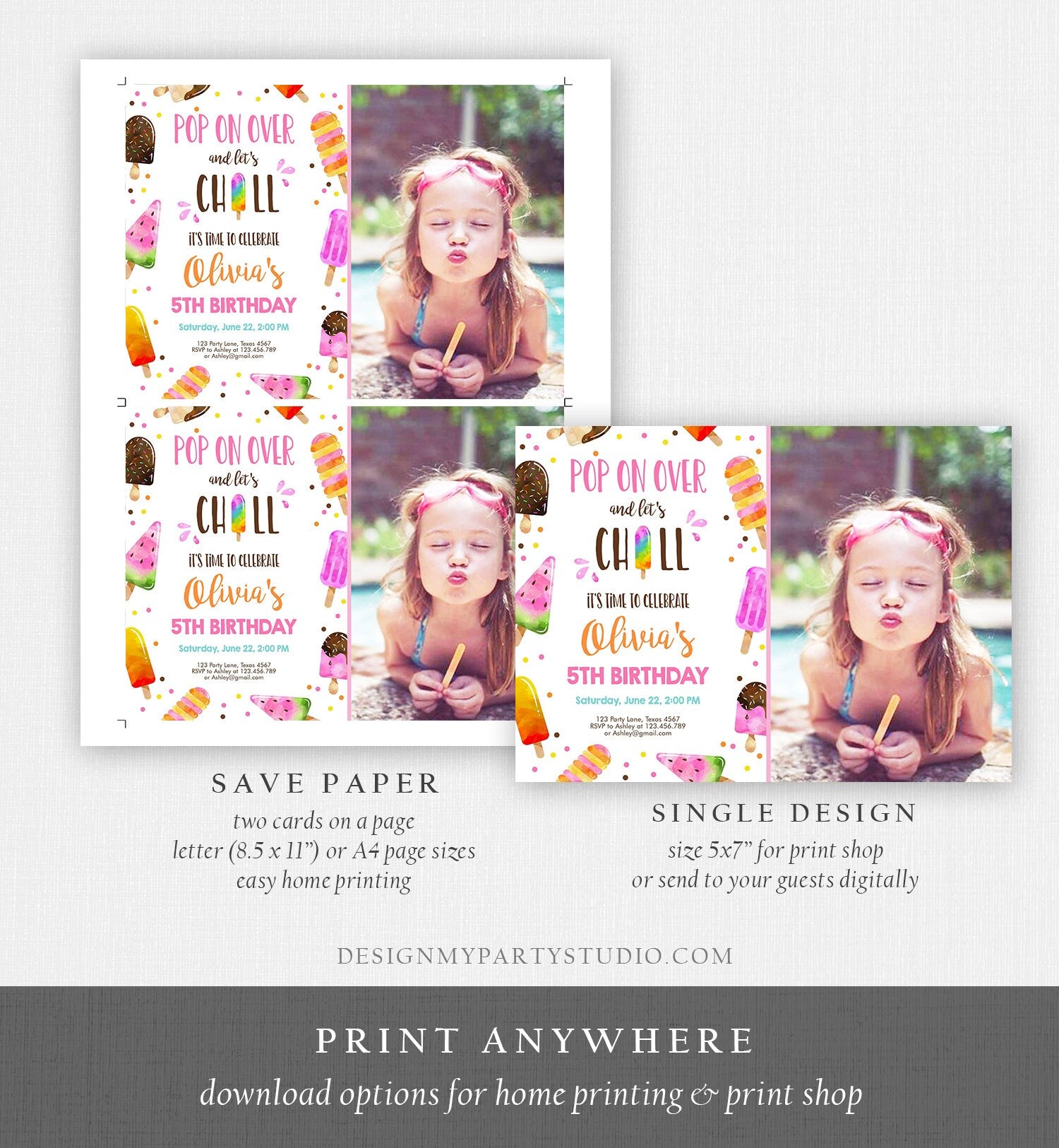 Editable Popsicle Birthday Invitation Pink Girl Birthday Summer Pool Party Popsicle Party Swim Download Printable Template Corjl 0143