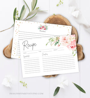 Editable Recipe Card Kitchen Bridal Shower Botanical Flowers Pink Floral Peony Bohemian Wedding Digital Corjl Template Printable 0167