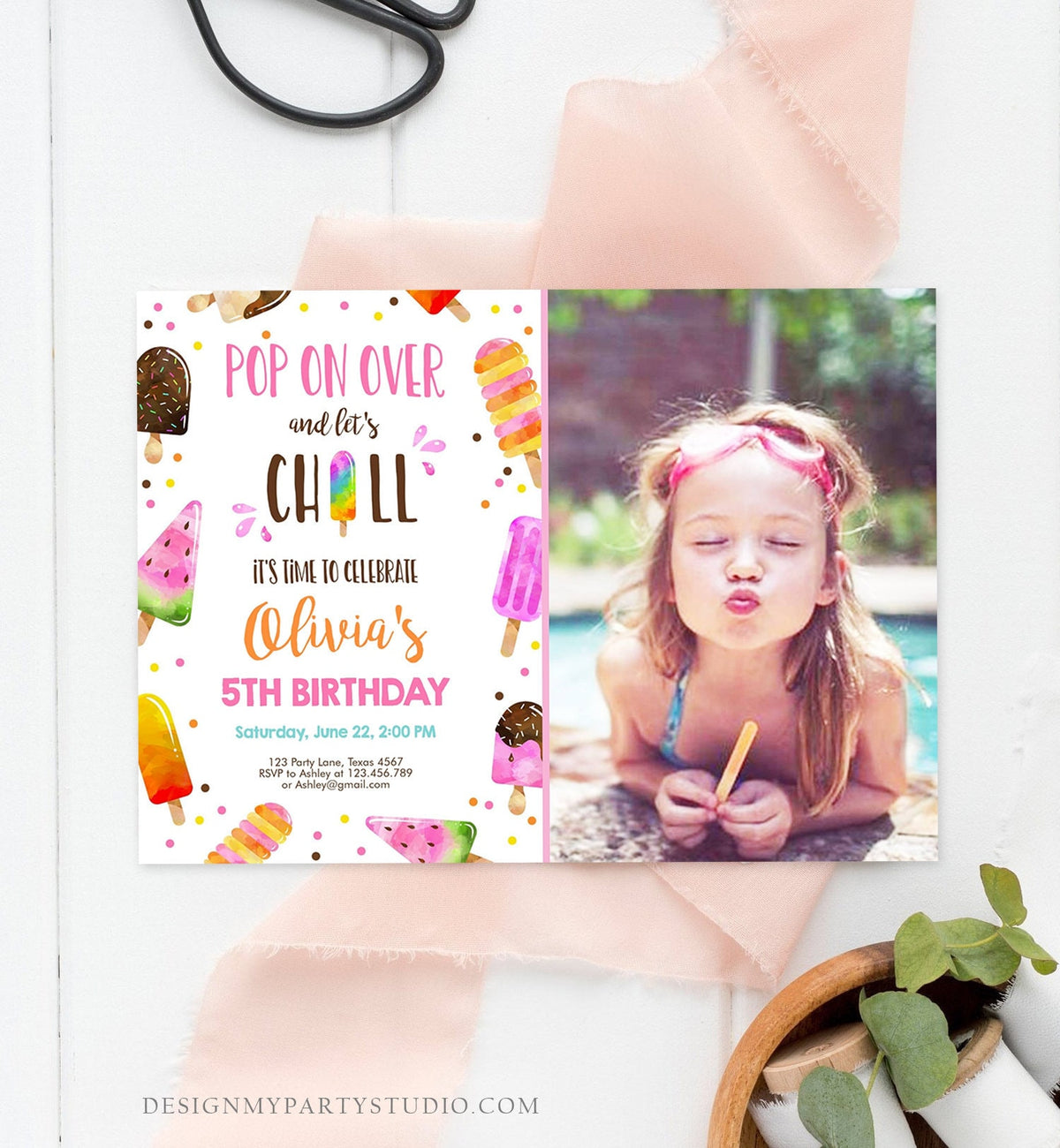 Editable Popsicle Birthday Invitation Pink Girl Birthday Summer Pool Party Popsicle Party Swim Download Printable Template Corjl 0143