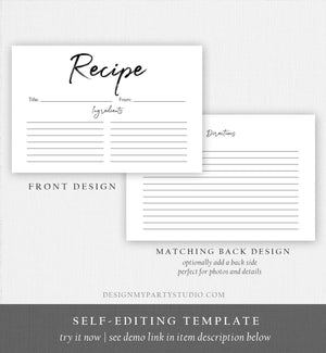 Editable Recipe Cards Bridal Shower Recipe Card Stock the Kitchen Baby Shower DIY Neutral Double Sided 4x6 Printable Corjl Template