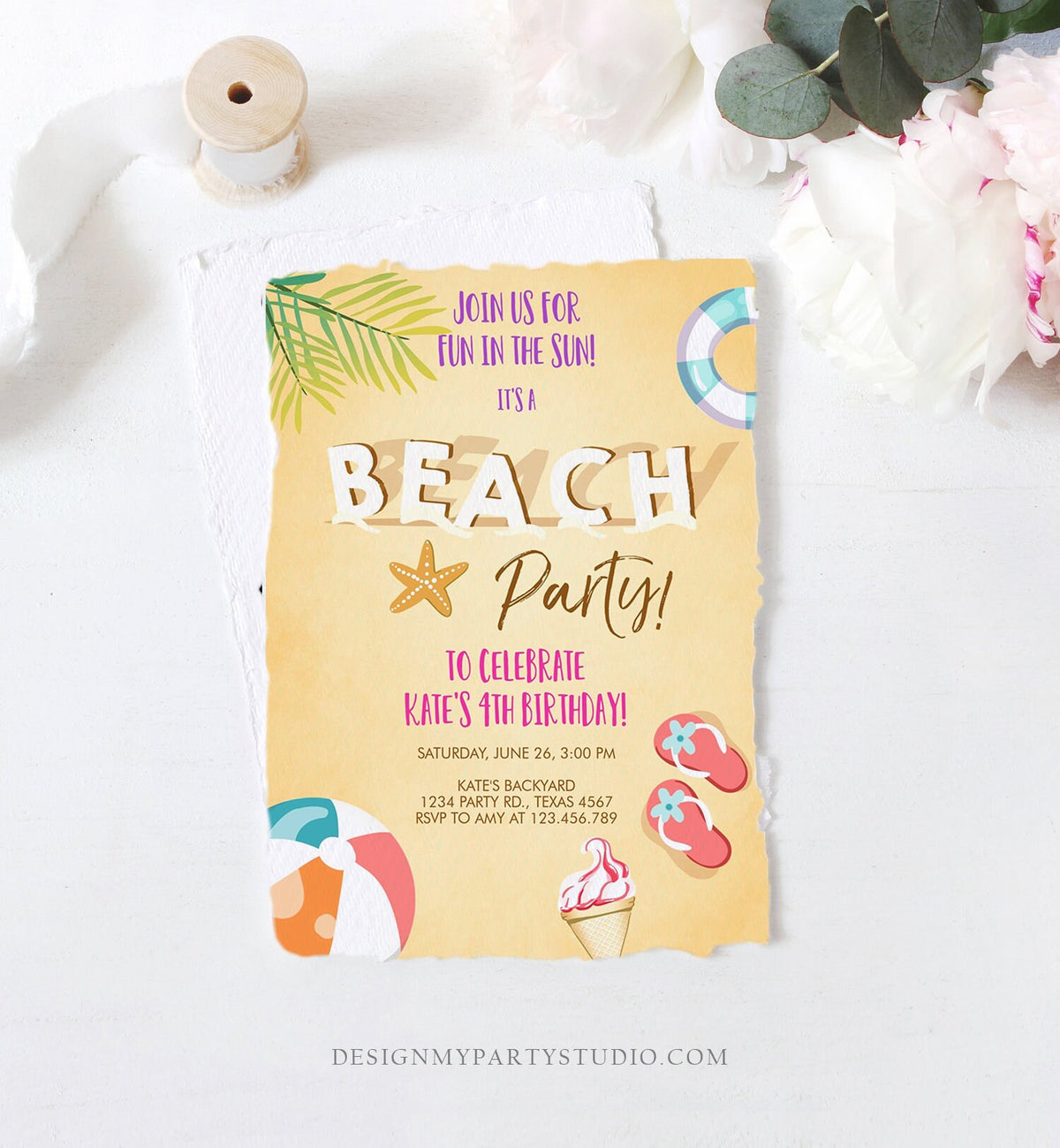 Editable Beach Party Invitation Birthday Invite Surf Party Summer Sea Sand Beach Ball Girl Pink Download Printable Template Corjl 0158