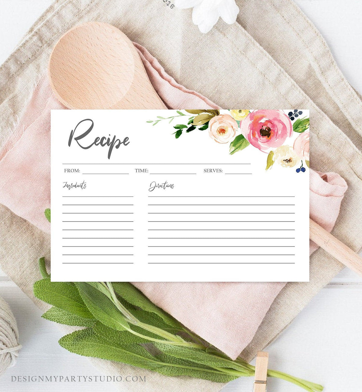 Editable Recipe Card Kitchen Bridal Shower Floral Recipe Card Pink Boho Recipe Card Shower Download Printable Corjl Template Digital 0166