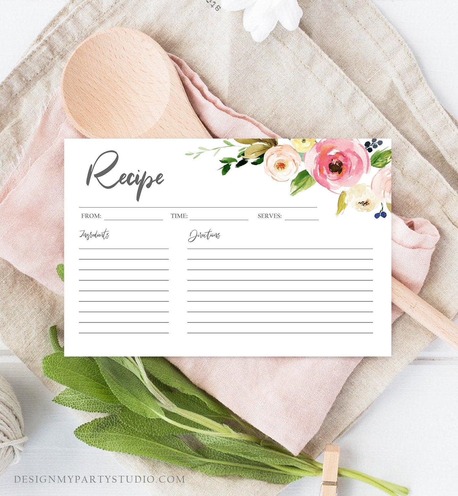 Editable Recipe Card Kitchen Bridal Shower Floral Recipe Card Pink Boho Recipe Card Shower Download Printable Corjl Template Digital 0166