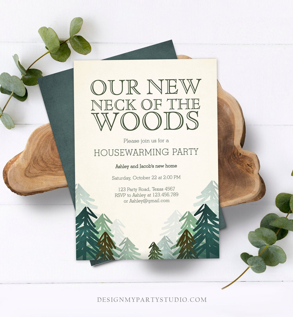 Editable Housewarming Party Invitation Our New Neck of the Woods Forest Winter Fall Party Rustic Download Printable Corjl Template 0295
