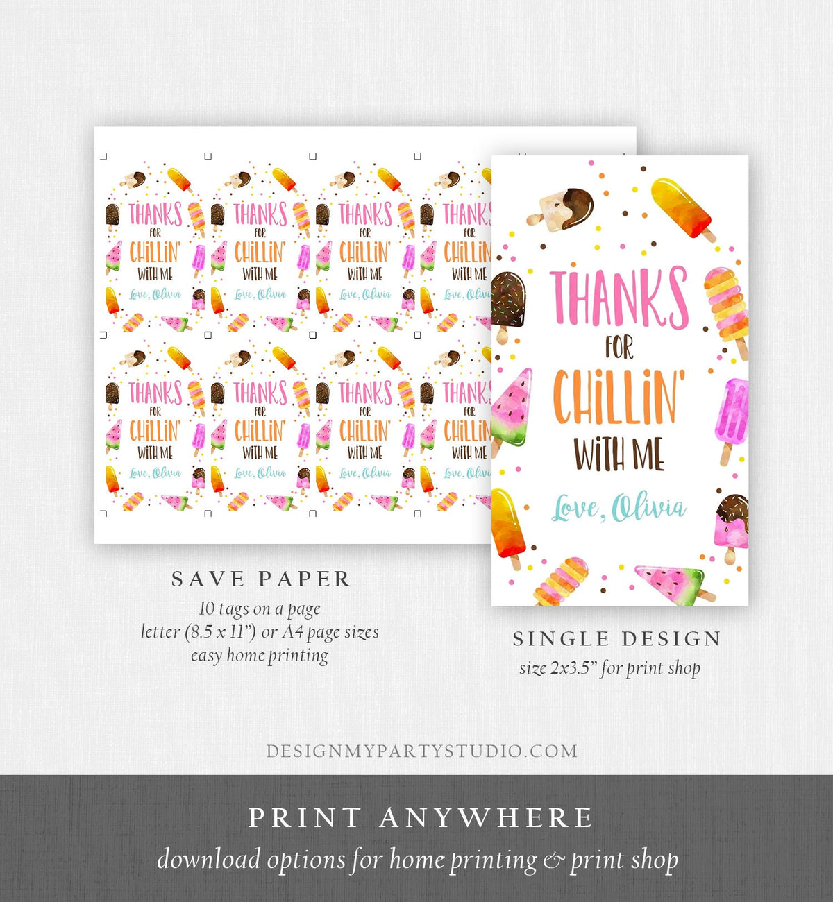 Editable Popsicle Birthday Favor Tags Pool Party Thank you tags Popsicle Party Girl Pink Summer Swim Bag Tags Template PRINTABLE Corjl 0143