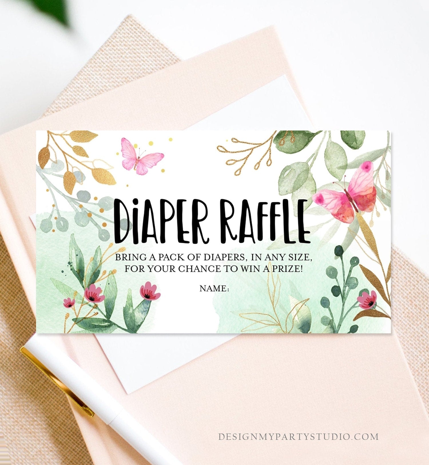 Editable Diaper Raffle Ticket Butterfly Baby Shower Greenery Floral Pink and Gold Diaper Game Garden Tea Corjl Template Printable 0170