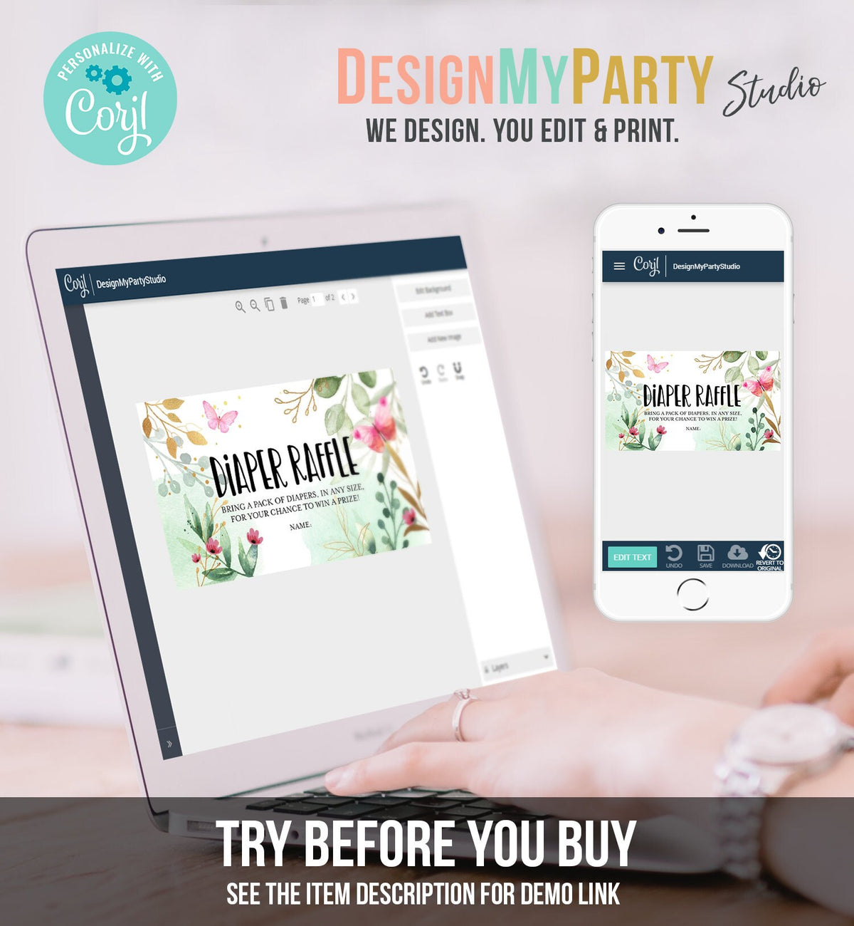 Editable Diaper Raffle Ticket Butterfly Baby Shower Greenery Floral Pink and Gold Diaper Game Garden Tea Corjl Template Printable 0170