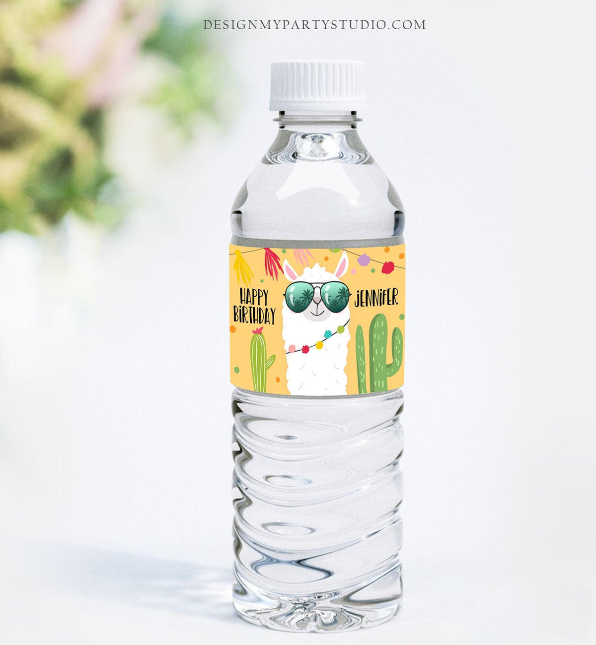 Editable Water Bottle Labels Llama Birthday Cactus Yellow Succulent Fiesta Mexican Printable Bottle Labels Printable Template Corjl 0079
