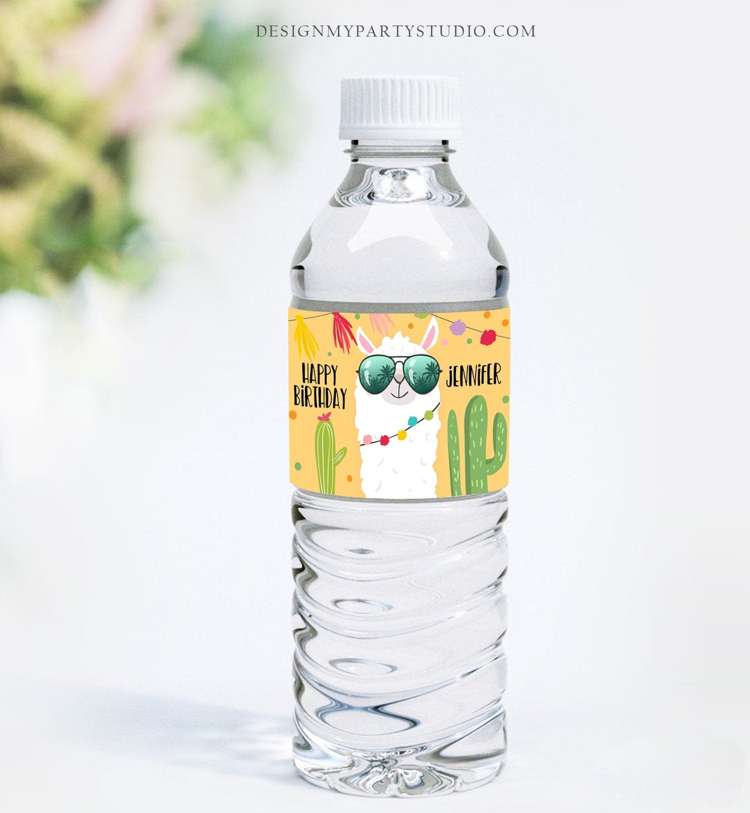 Editable Water Bottle Labels Llama Birthday Cactus Yellow Succulent Fiesta Mexican Printable Bottle Labels Printable Template Corjl 0079