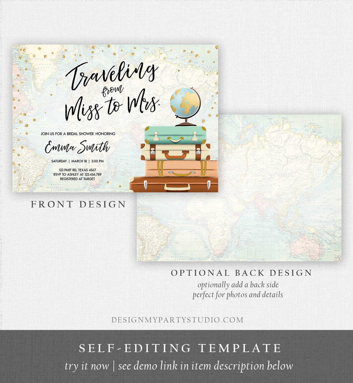 Editable Bridal Shower Invitation Traveling from Miss to Mrs Travel World Map Suitcase Vintage Floral Download Printable Template Corjl 0263