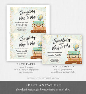 Editable Bridal Shower Invitation Traveling from Miss to Mrs Travel World Map Suitcase Vintage Floral Download Printable Template Corjl 0263