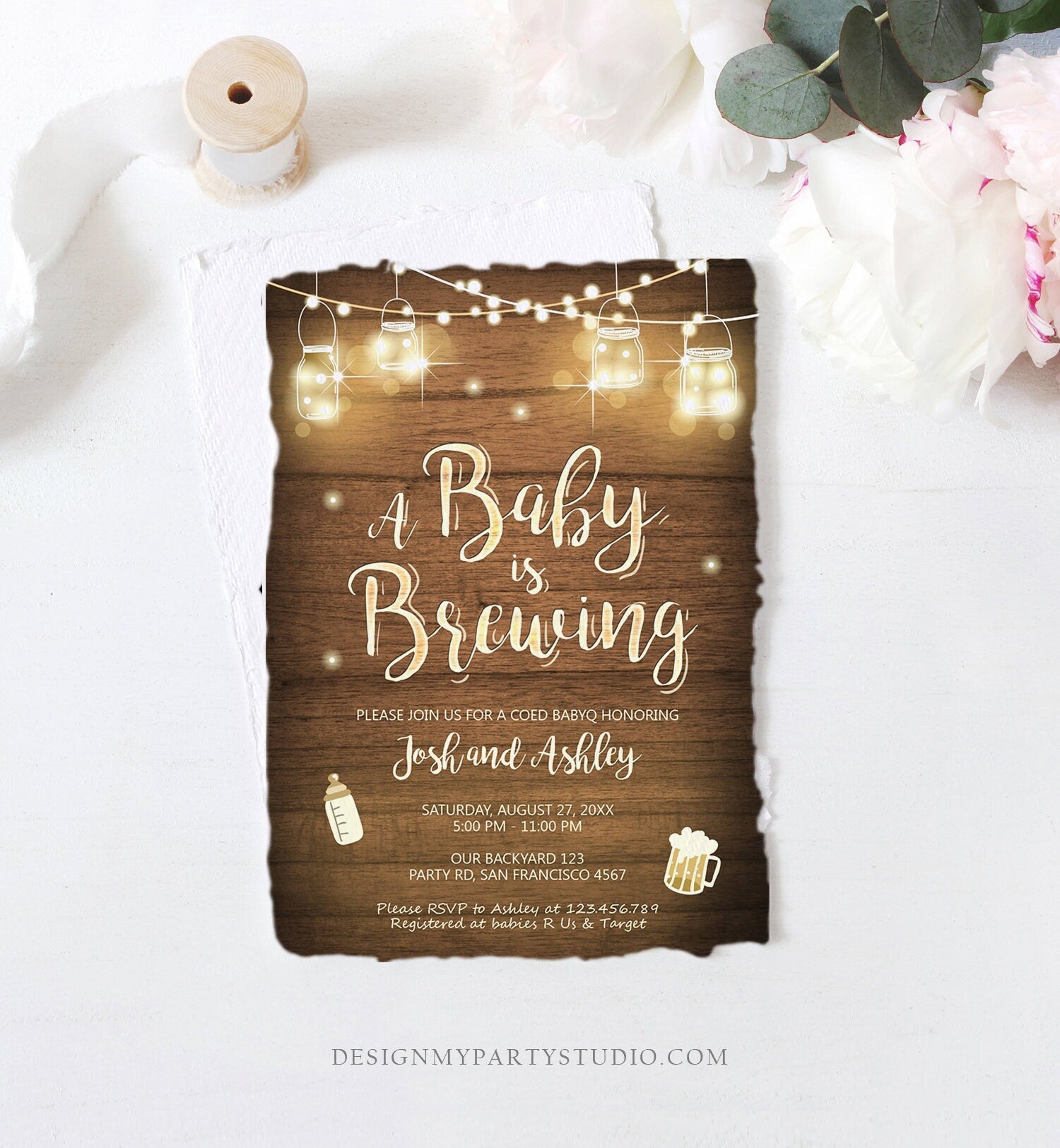 Editable A Baby is Brewing Invitation Bottle and Beers Baby Shower BaByQ BBQ Coed Couples Shower Wood Download Printable Template Corjl 0015