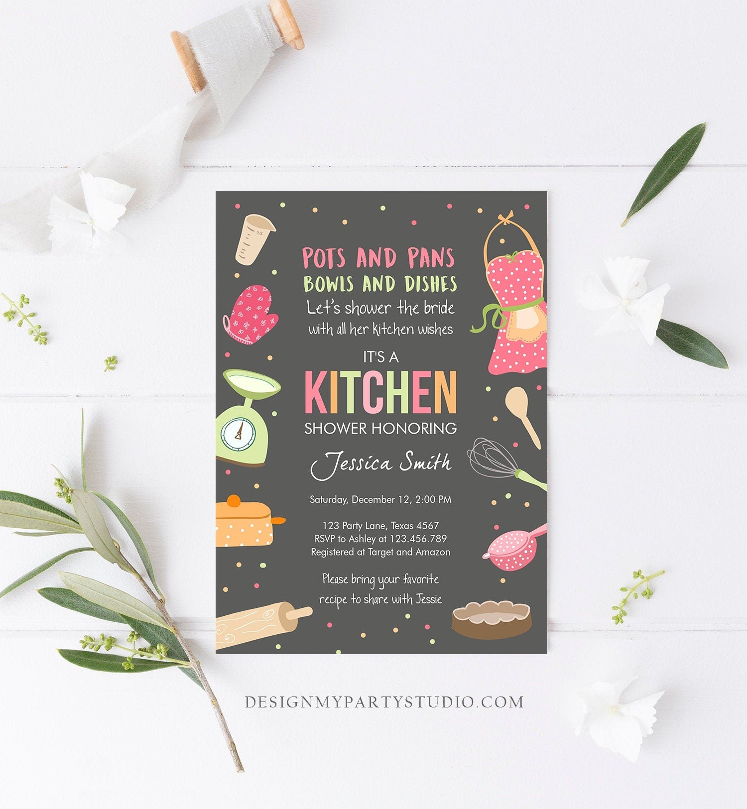 Editable Stock the Kitchen Bridal Shower Invitation Cooking Kitchen Shower Pink Invite Pots and Pans Download Printable Template Corjl 0219