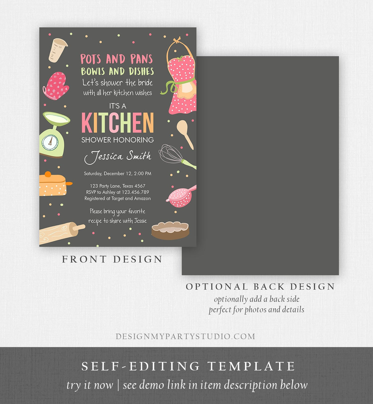Editable Stock the Kitchen Bridal Shower Invitation Cooking Kitchen Shower Pink Invite Pots and Pans Download Printable Template Corjl 0219