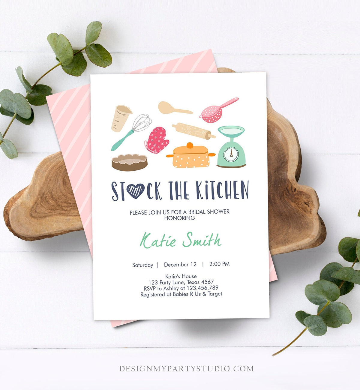 Editable Stock the Kitchen Bridal Shower Invitation Cooking Kitchen Shower Pink Invite Pots and Pans Download Printable Template Corjl 0219