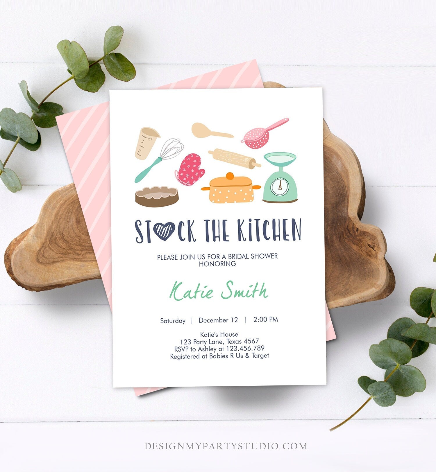 Editable Stock the Kitchen Bridal Shower Invitation Cooking Kitchen Shower Pink Invite Pots and Pans Download Printable Template Corjl 0219