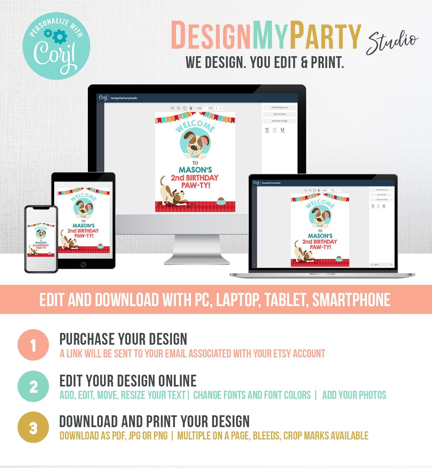 Editable Puppy Welcome Sign Dog Birthday Boy Blue Dog Party Welcome Pawty Puppy Party Dog Theme Birthday Template PRINTABLE Corjl 0048