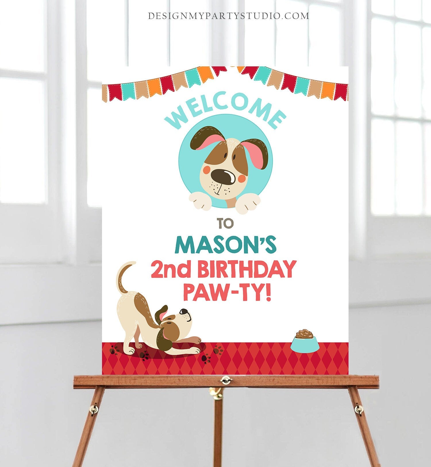 Editable Puppy Welcome Sign Dog Birthday Boy Blue Dog Party Welcome Pawty Puppy Party Dog Theme Birthday Template PRINTABLE Corjl 0048