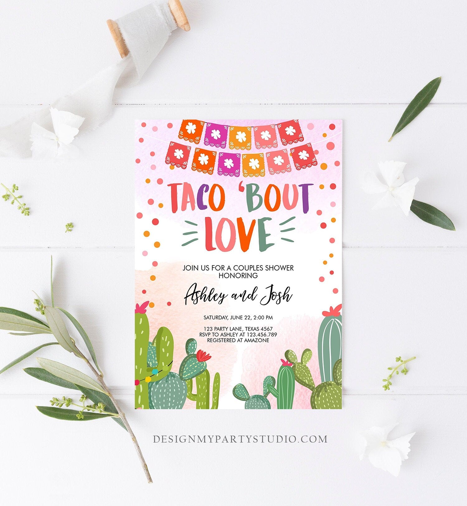 Editable Taco Bout Love Couples Shower Invitation Fiesta Cactus Succulent Mexican Green Pink Digital Download Corjl Template Printable 0135