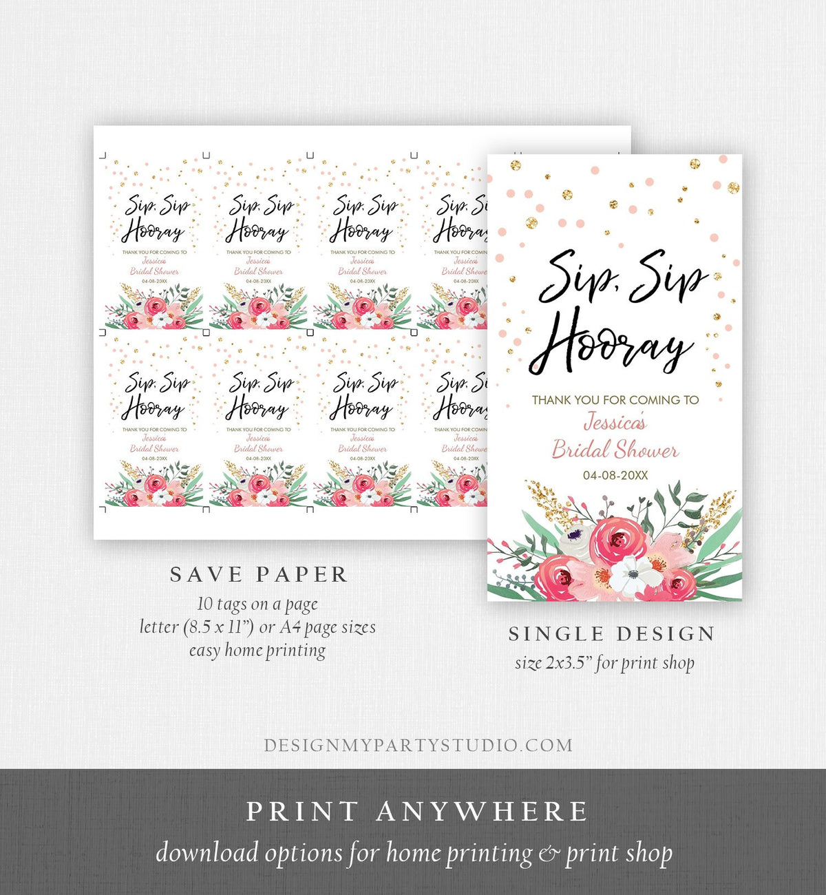 Editable Sip Sip Hooray Bridal Shower Thank You Tags Mini Wine Champagne Bottle Favor Wedding Pink Floral Gold Confetti Corjl Template 0059