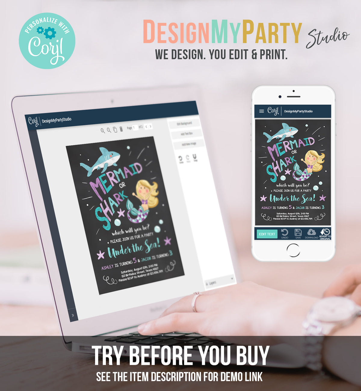 Editable Mermaid or Shark Birthday Invitation Under The Sea Party Coed Pool Party Brother Sister Download Corjl Template Printable 0197