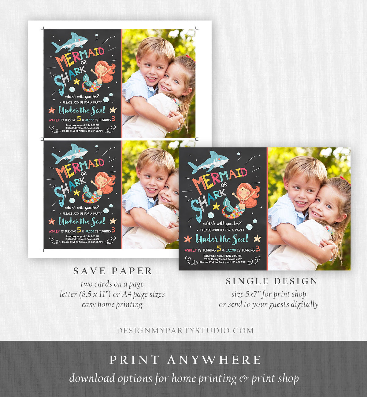 Editable Mermaid or Shark Birthday Invitation Under The Sea Party Coed Pool Party Brother Sister Photo Ocean Corjl Template Printable 0197